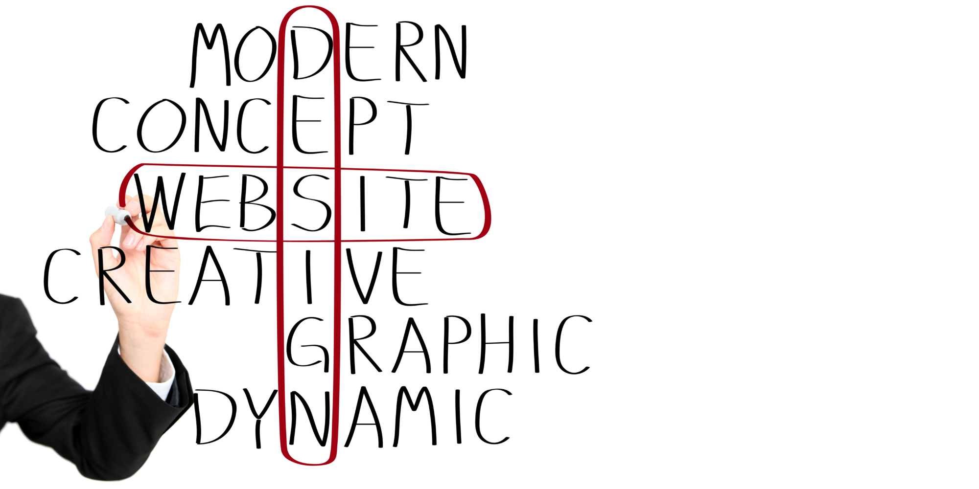Agenzia di marketing Primo piano di una mano che evidenzia le parole "DESIGN" e "WEBSITE" in un cruciverba concettuale su sfondo bianco, insieme ai termini "MODERN", "CONCEPT", "CREATIVE", "GRAPHIC" e "DYNAMIC".