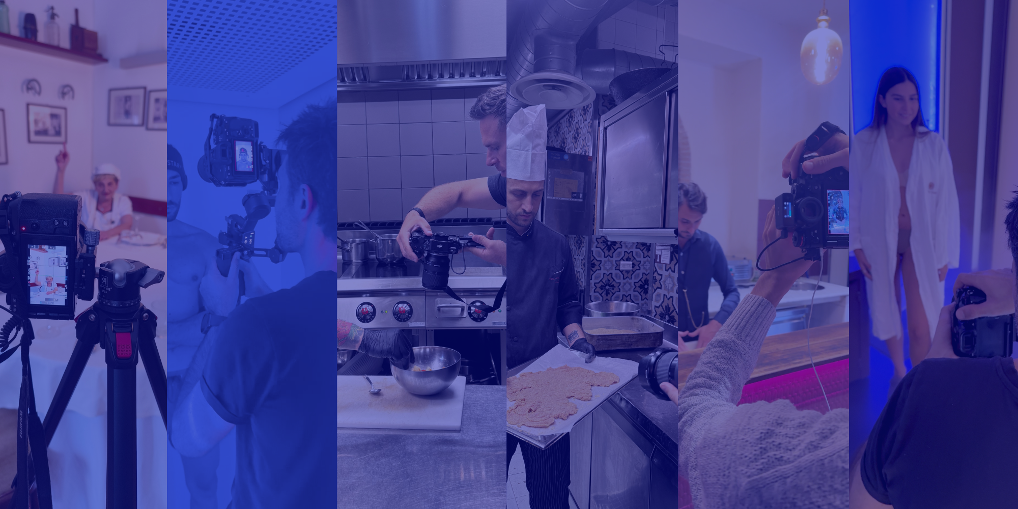collage-videomaking-social-pringo Un collage fotografico che mostra diverse scene di backstage di videomaking: un operatore con camera su gimbal, un fotografo culinario in cucina, e una donna in accappatoio che balla davanti a una camera con illuminazione a LED blu.