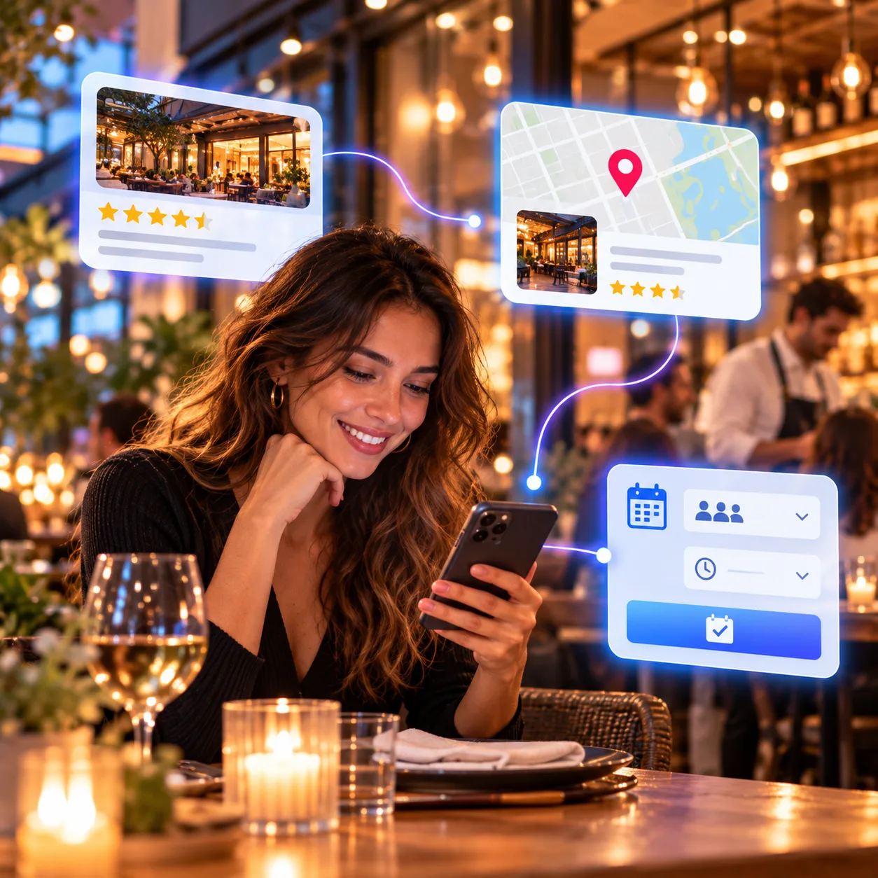 Cliente che sceglie un ristorante dallo smartphone tra recensioni, mappa e prenotazione online