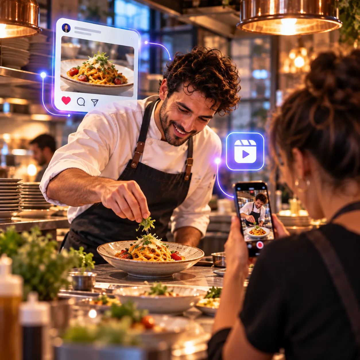 Chef che impiatta mentre una collega gira un Reel con lo smartphone