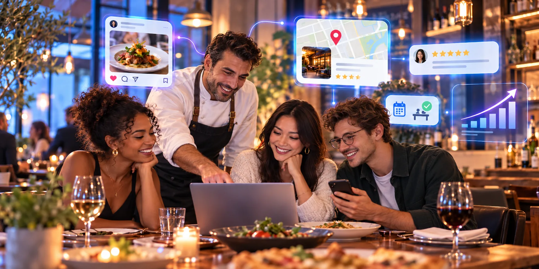 Ristoratore e clienti al tavolo guardano social, recensioni e prenotazioni del ristorante